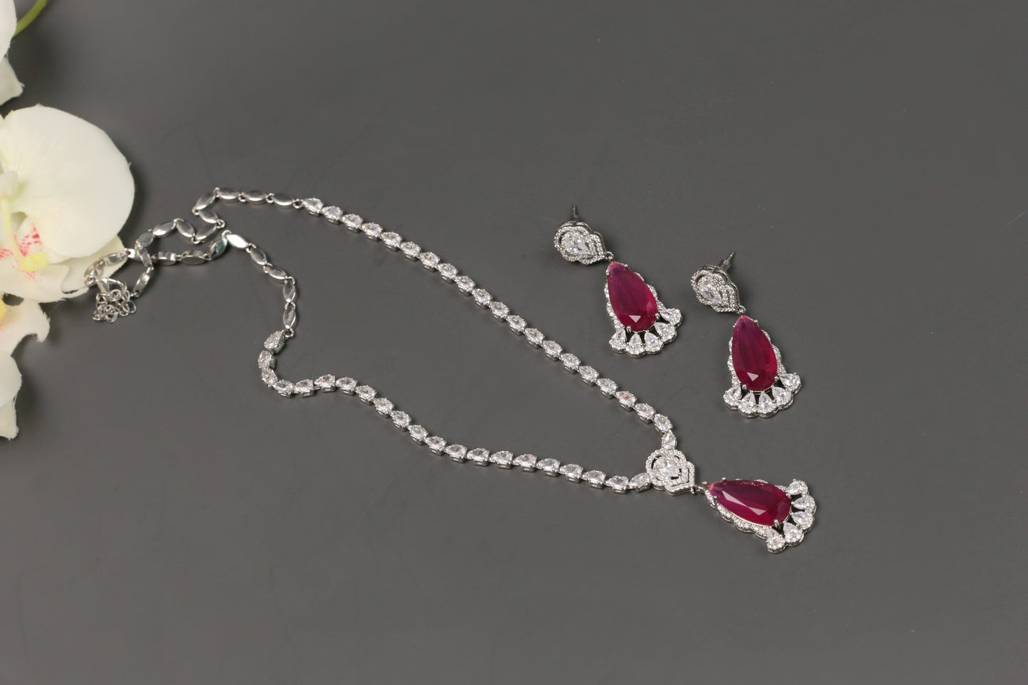 Dhara Solitaire style CZ Necklace Set - Ruby Pink