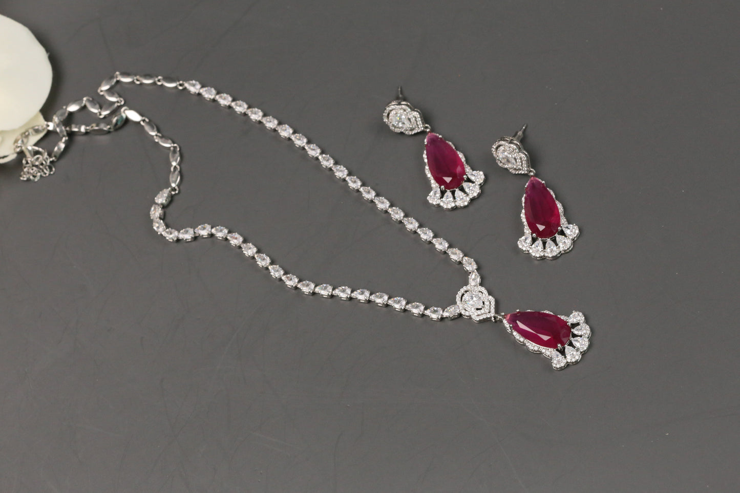 Dhara Solitaire style CZ Necklace Set - Ruby Pink