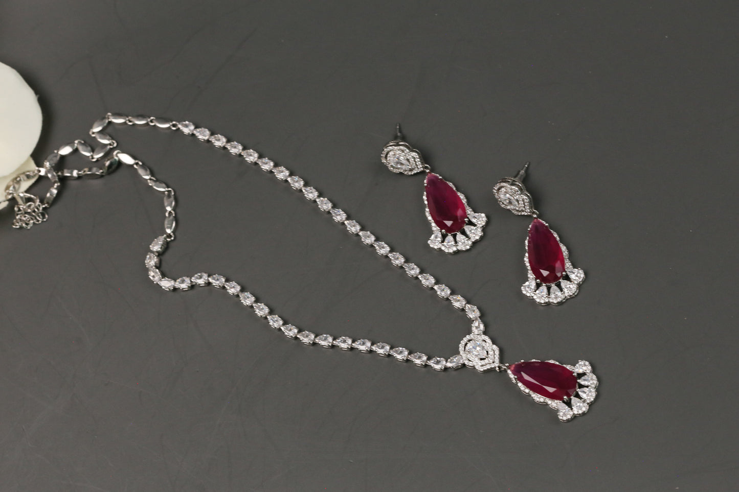 Dhara Solitaire style CZ Necklace Set - Ruby Pink