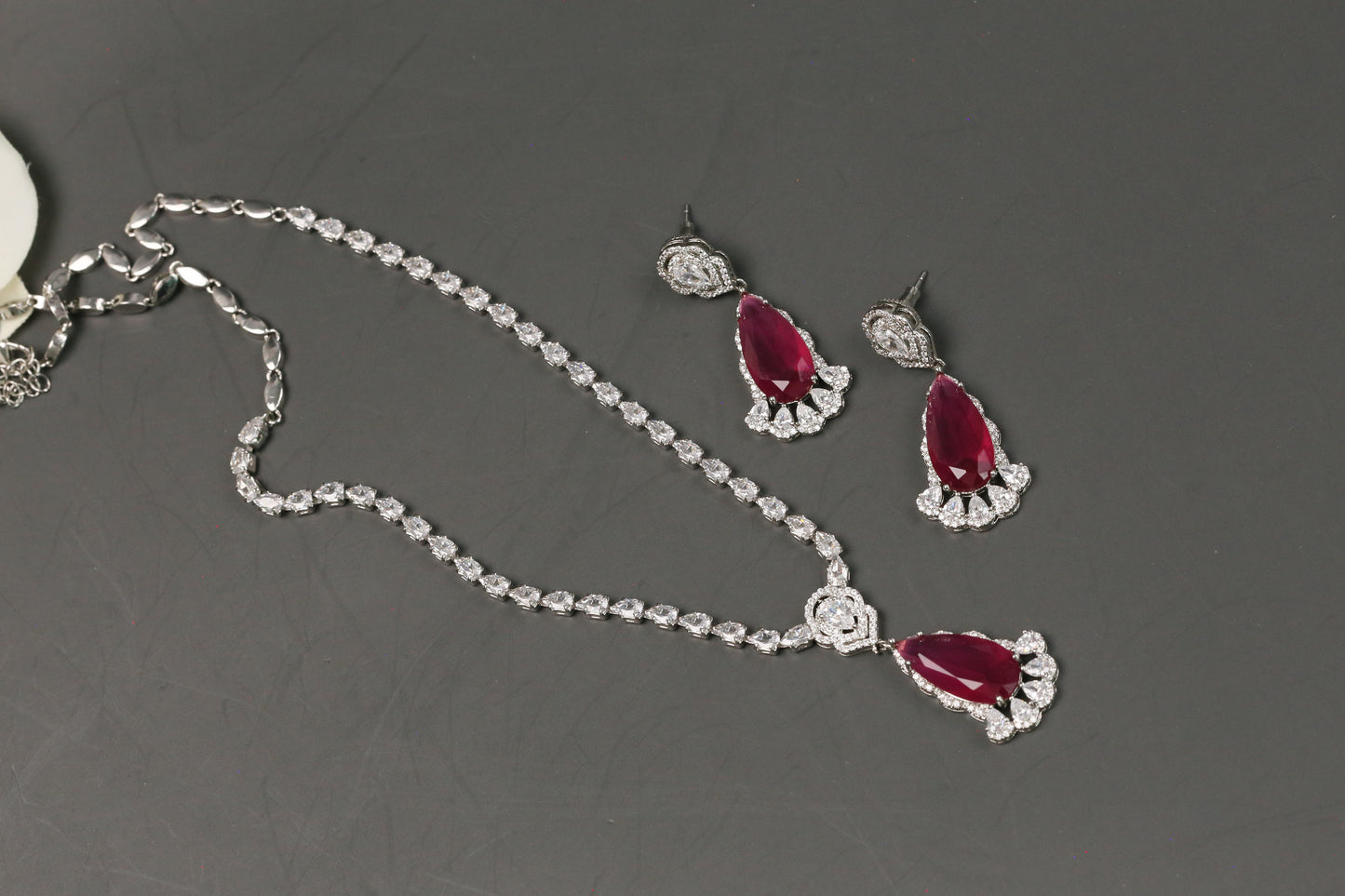 Dhara Solitaire style CZ Necklace Set - Ruby Pink