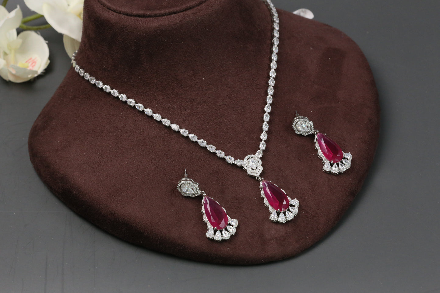 Dhara Solitaire style CZ Necklace Set - Ruby Pink