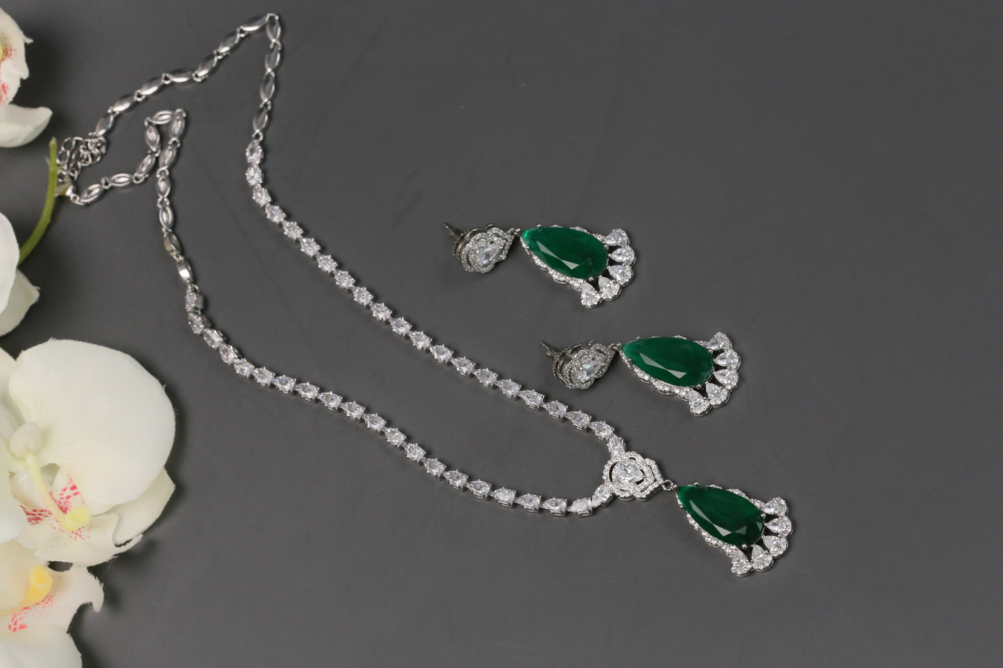 Dhara Solitaire style CZ Necklace Set - Green