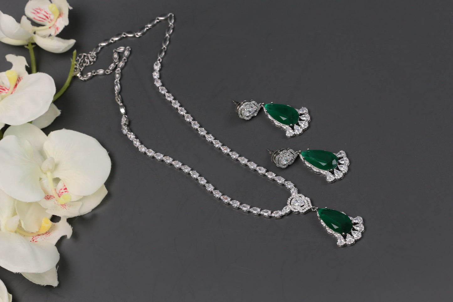 Dhara Solitaire style CZ Necklace Set - Green