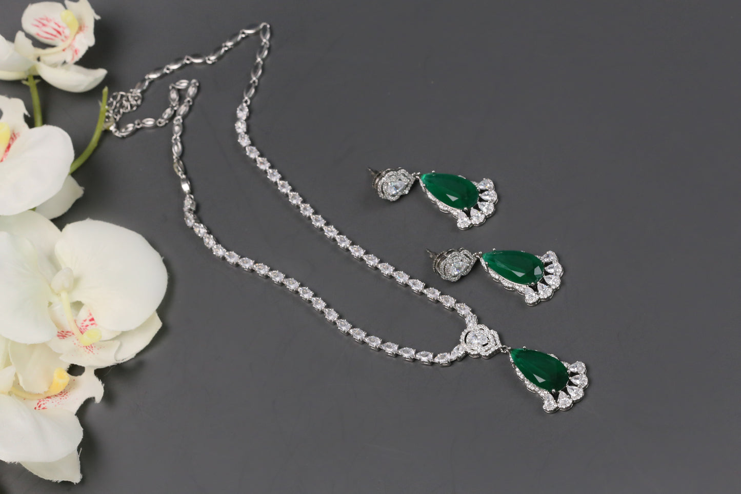 Dhara Solitaire style CZ Necklace Set - Green