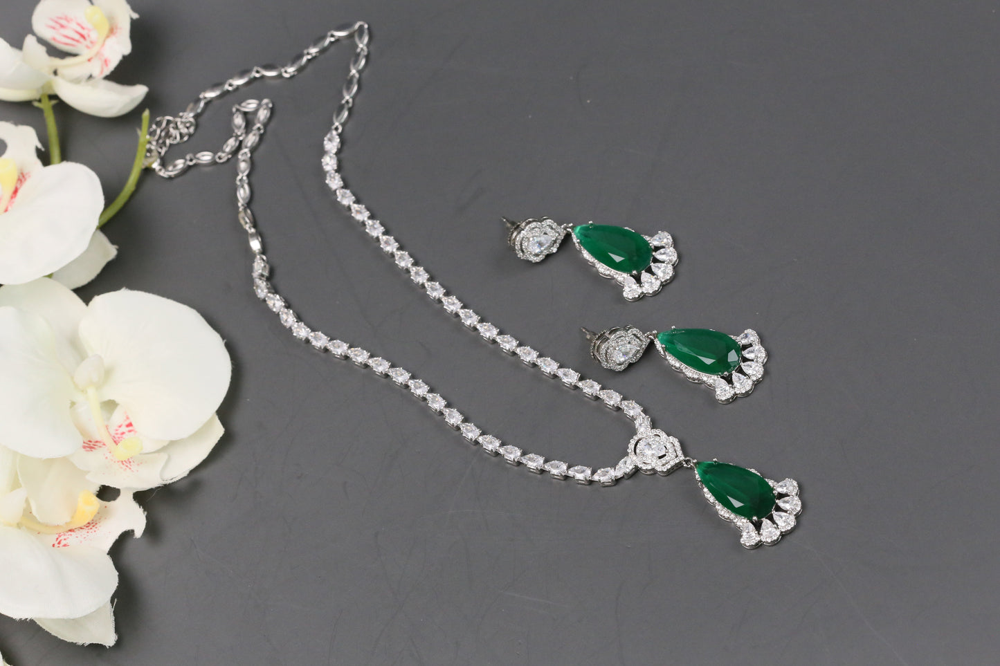 Dhara Solitaire style CZ Necklace Set - Green