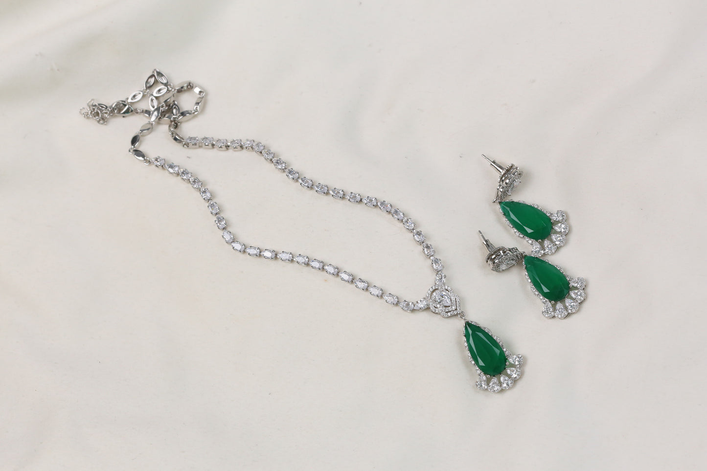 Dhara Solitaire style CZ Necklace Set - Green