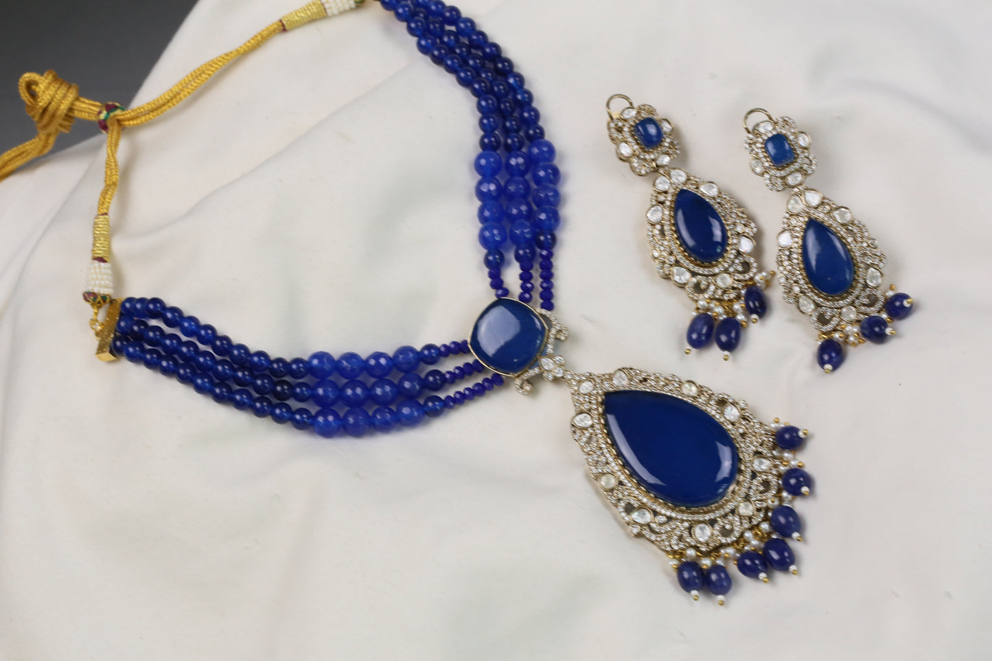 Nisha Doublet CZ & Polki Necklace Set - Blue