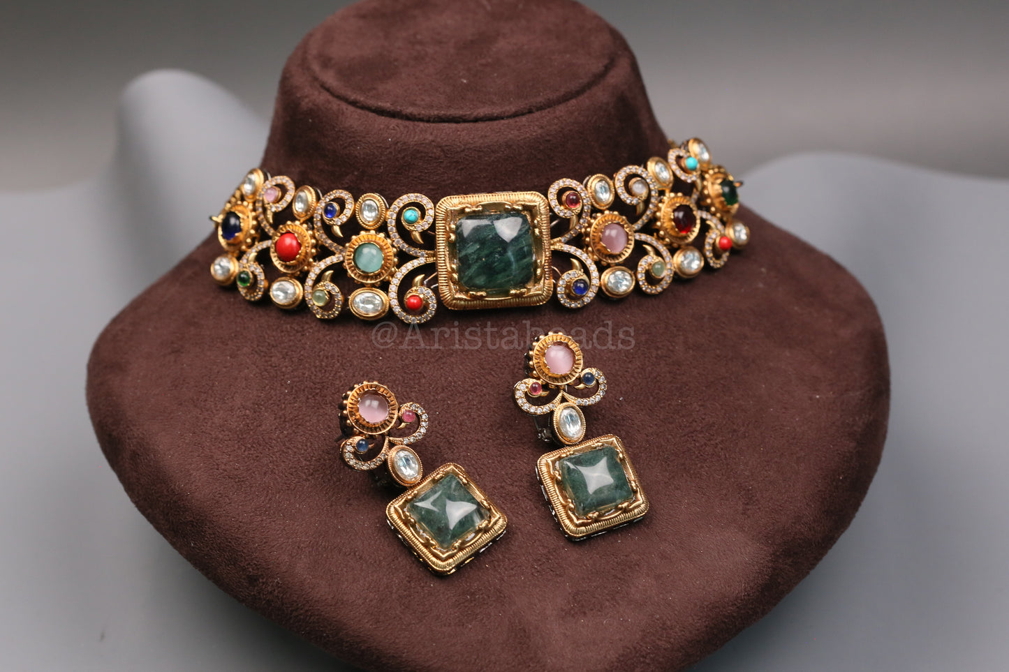 Shama Semiprecious Stones & Polki Choker Set - Green