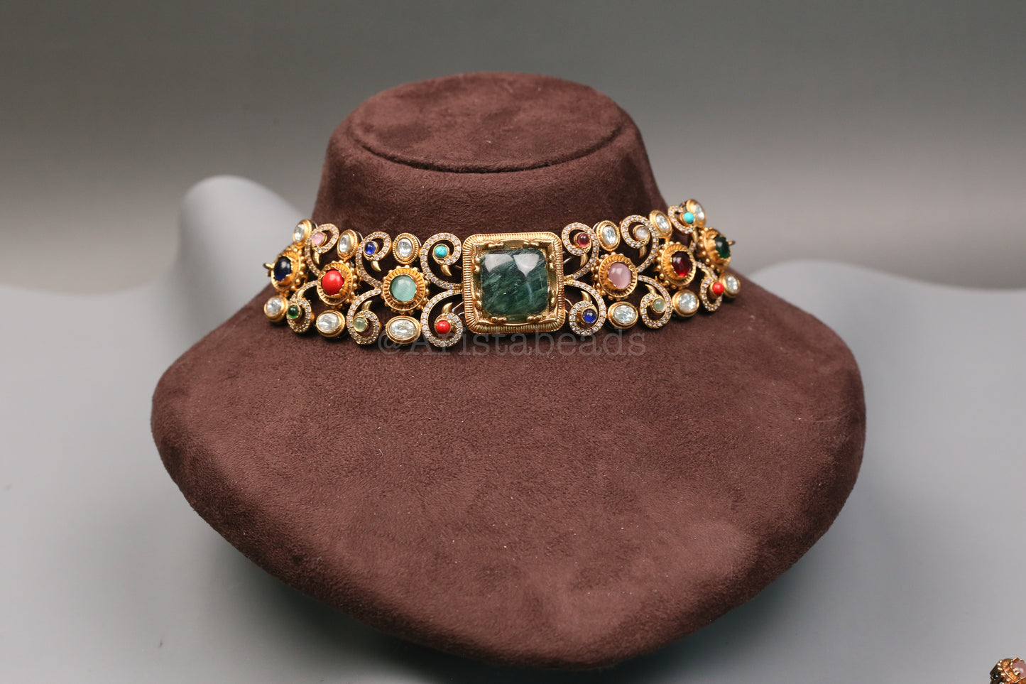 Shama Semiprecious Stones & Polki Choker Set - Green