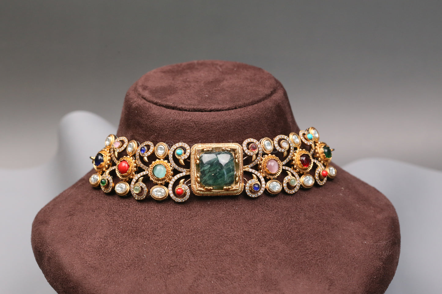Shama Semiprecious Stones & Polki Choker Set - Green