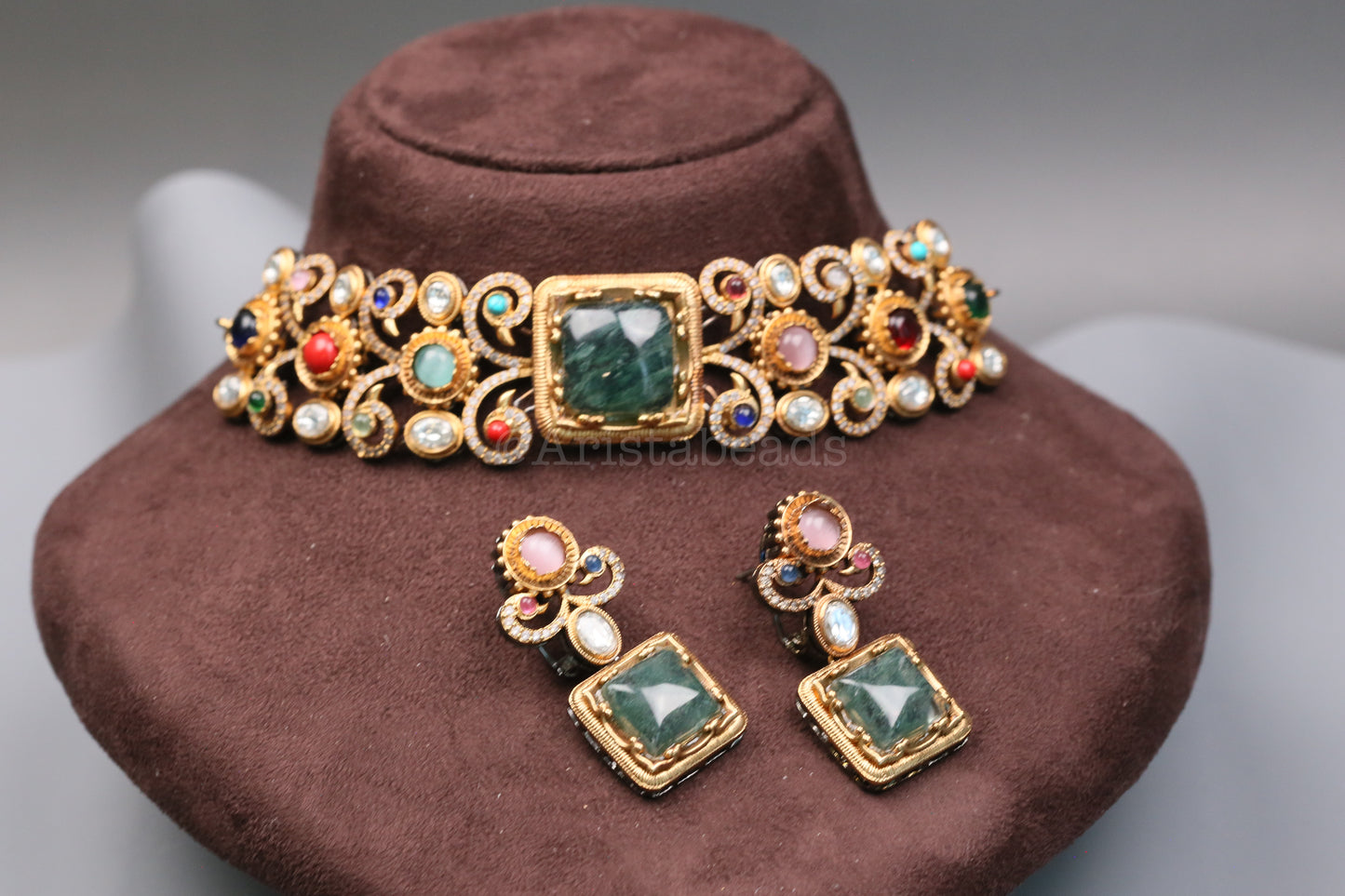 Shama Semiprecious Stones & Polki Choker Set - Green