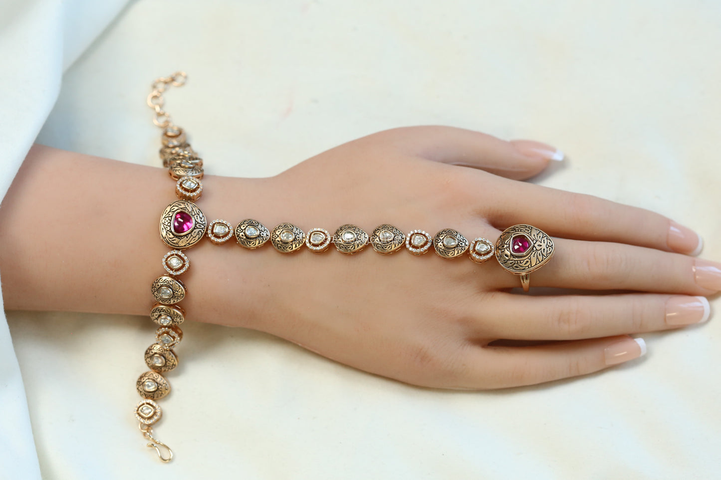 Polki Enamel Haath Phool (Adjustable)