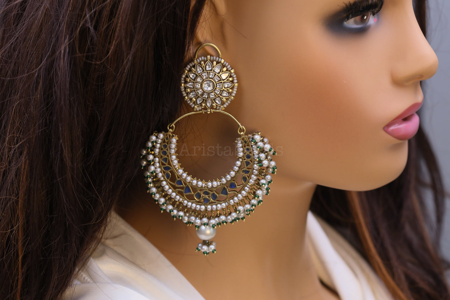 Sajada Vintage Gold Jadau Kundan Earrings - Blue
