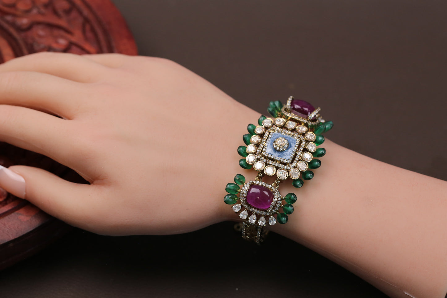 Real Moissanite, Doublet & Enamel Bracelet (Adjustable) - Purple Blue