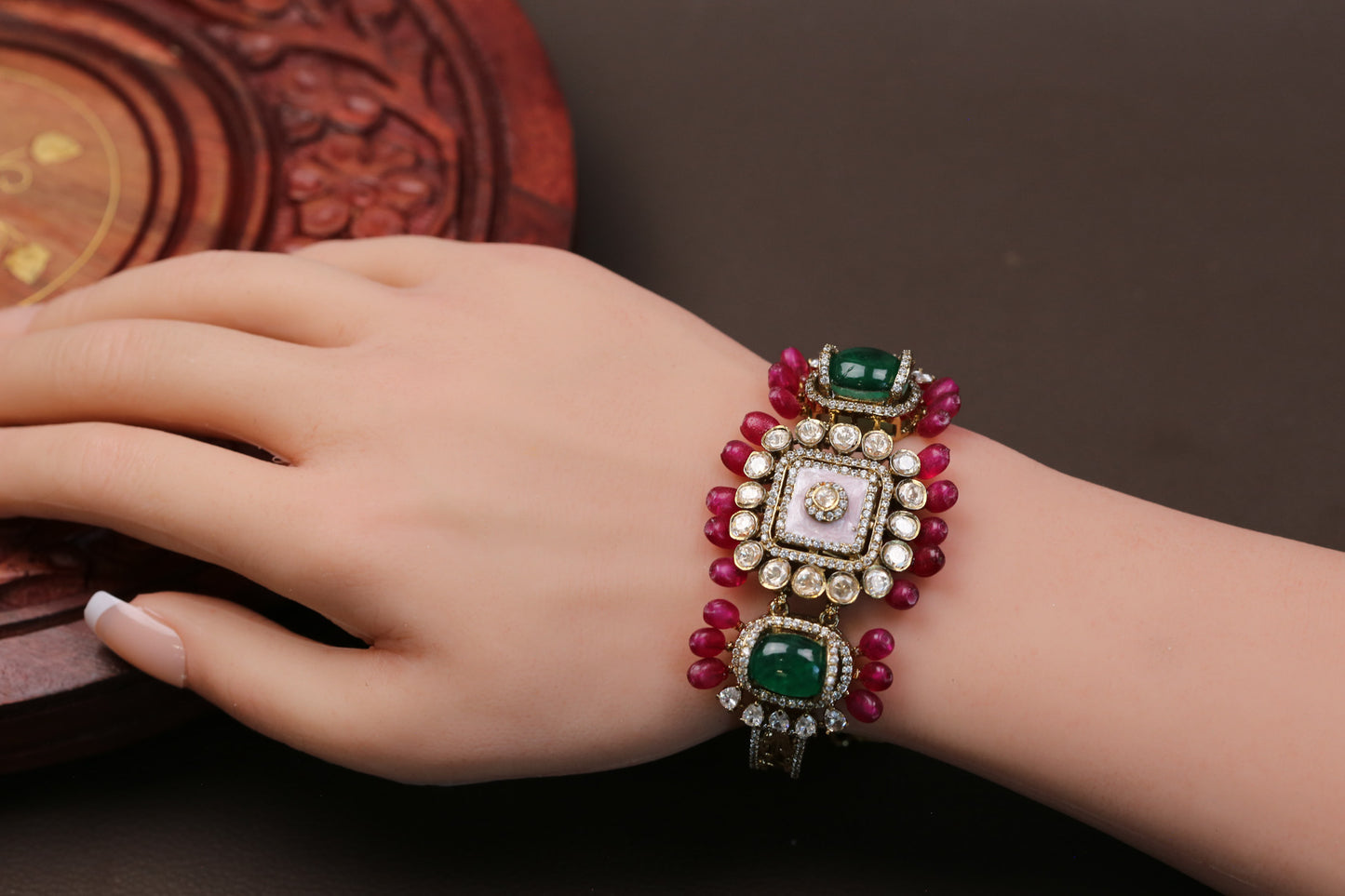 Real Moissanite, Doublet & Enamel Bracelet (Adjustable) - Green Pink