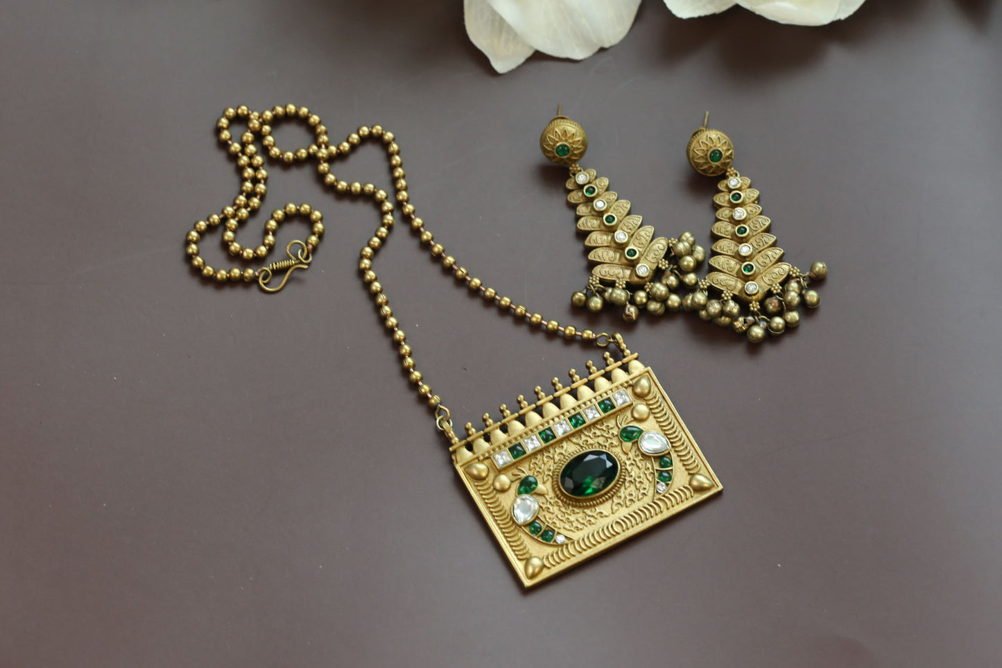 Antique Peacock Necklace Set - Green