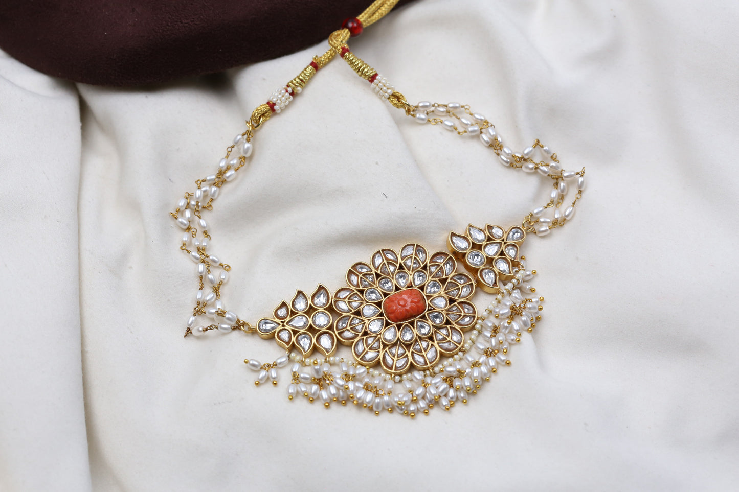 Real Coral & Rice Pearls Jadau Choker Necklace