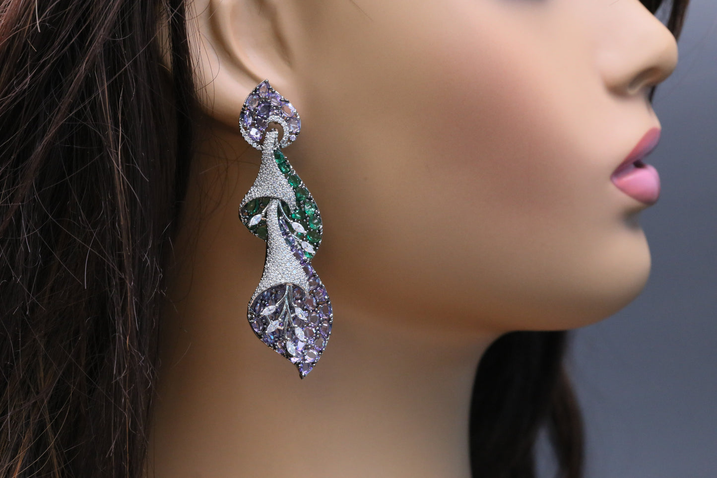 Contemporary Pave CZ & Crystal Earrings - Green Purple
