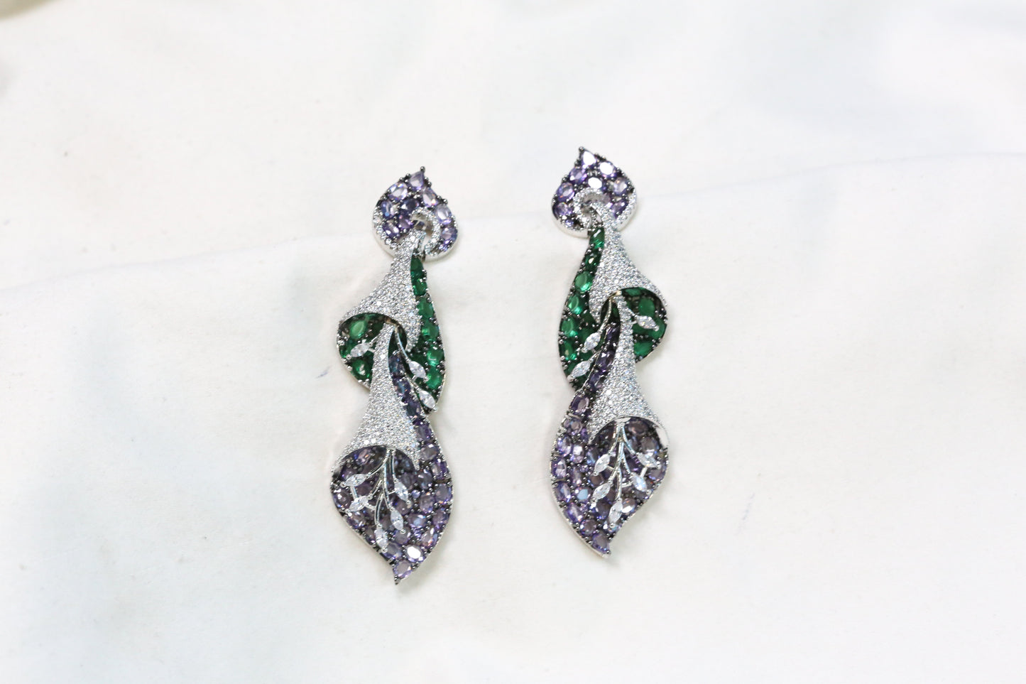 Contemporary Pave CZ & Crystal Earrings - Green Purple