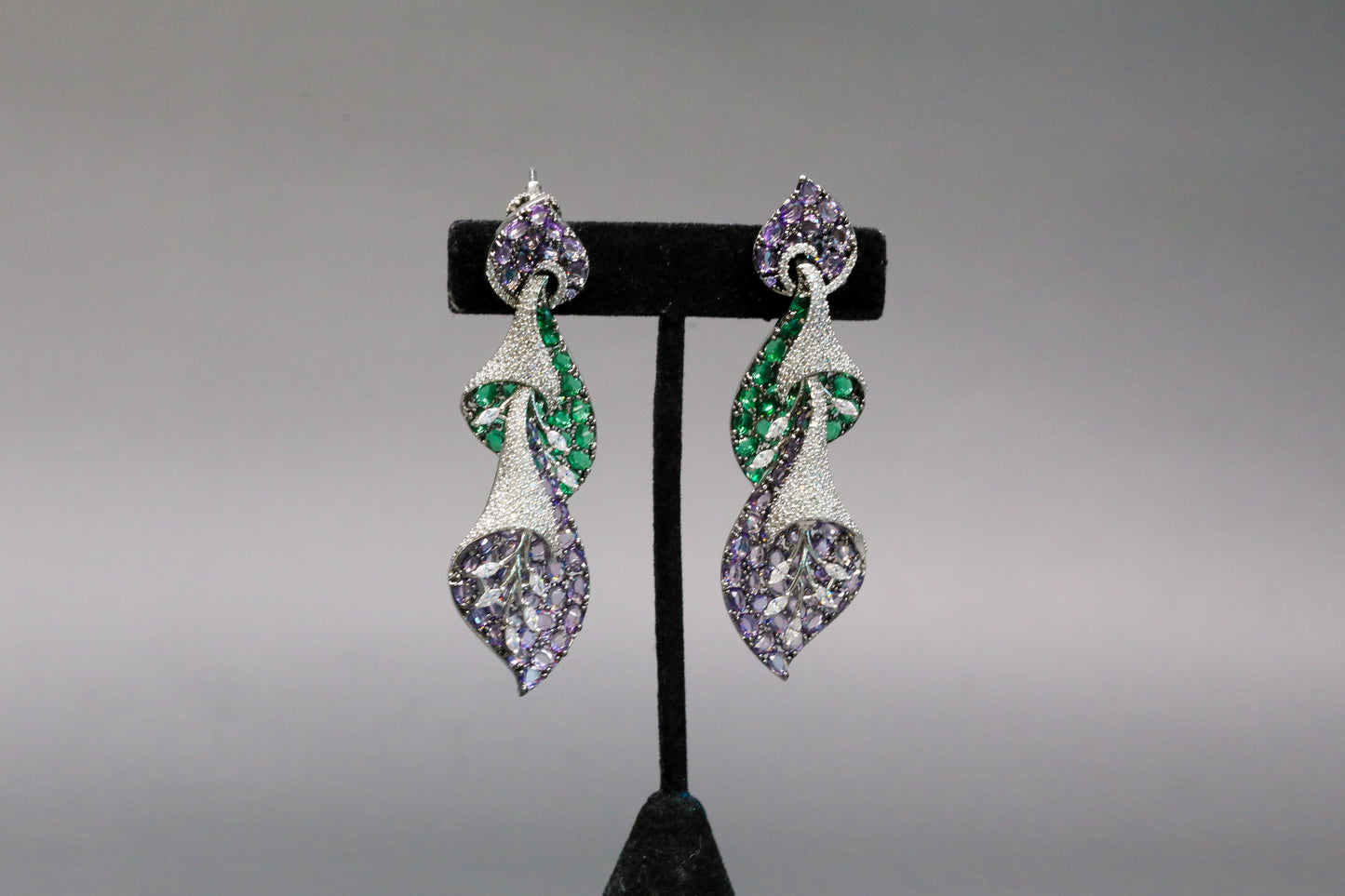 Contemporary Pave CZ & Crystal Earrings - Green Purple