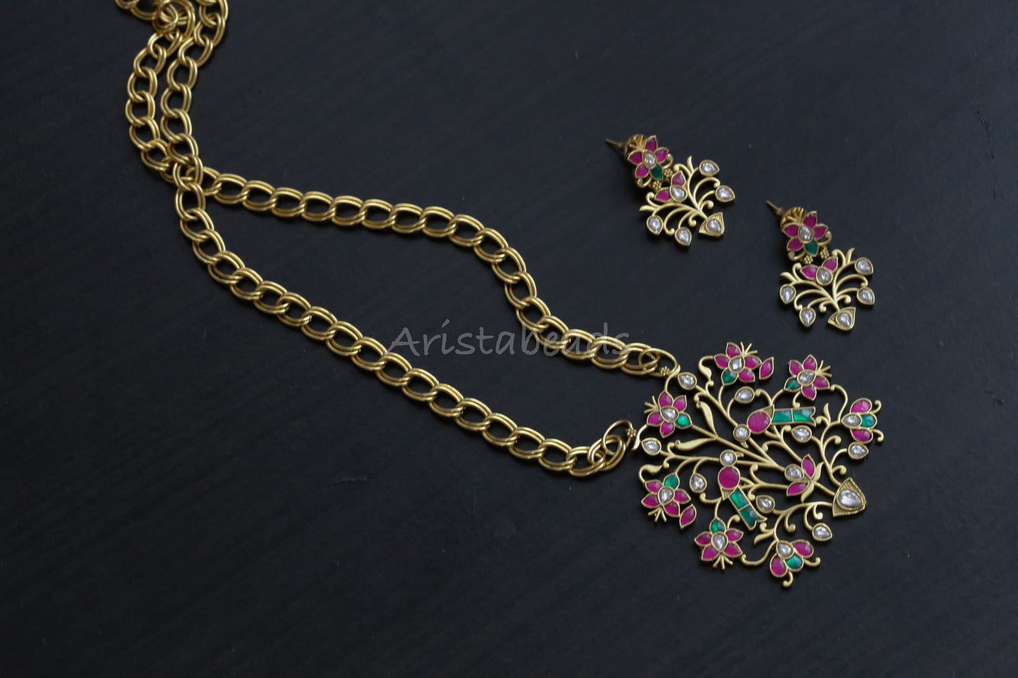 Handmade Antique Chain Jadau Necklace Set (104-03)