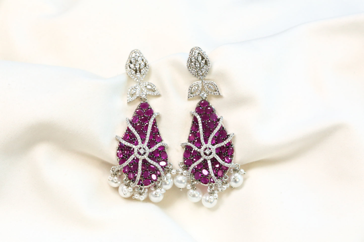 Contemporary Pave CZ & Crystal Earrings - Ruby & Pearls