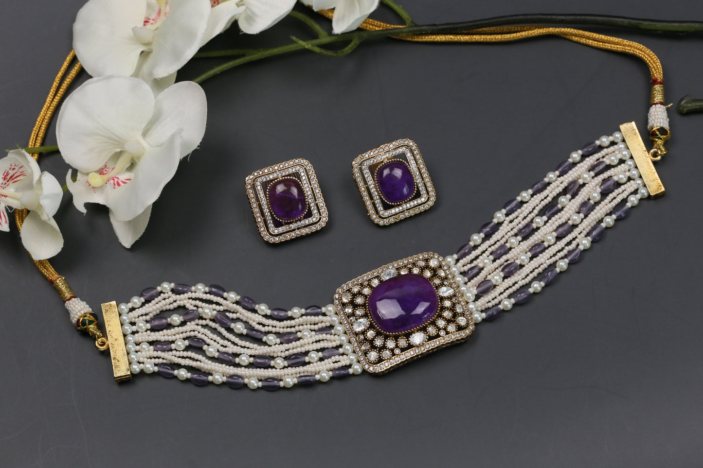 Naina Moissanite & CZ Choker Set - Purple
