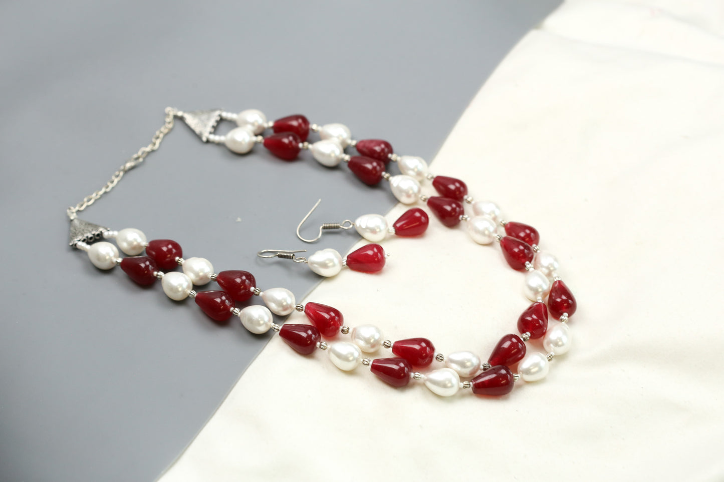Contemporary 2 Strand Beaded Necklace Set - Dark Red