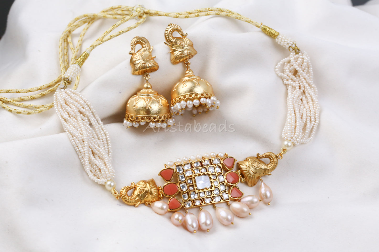 Real Pearls Coral Antique Jadau Necklace Set (104-06)