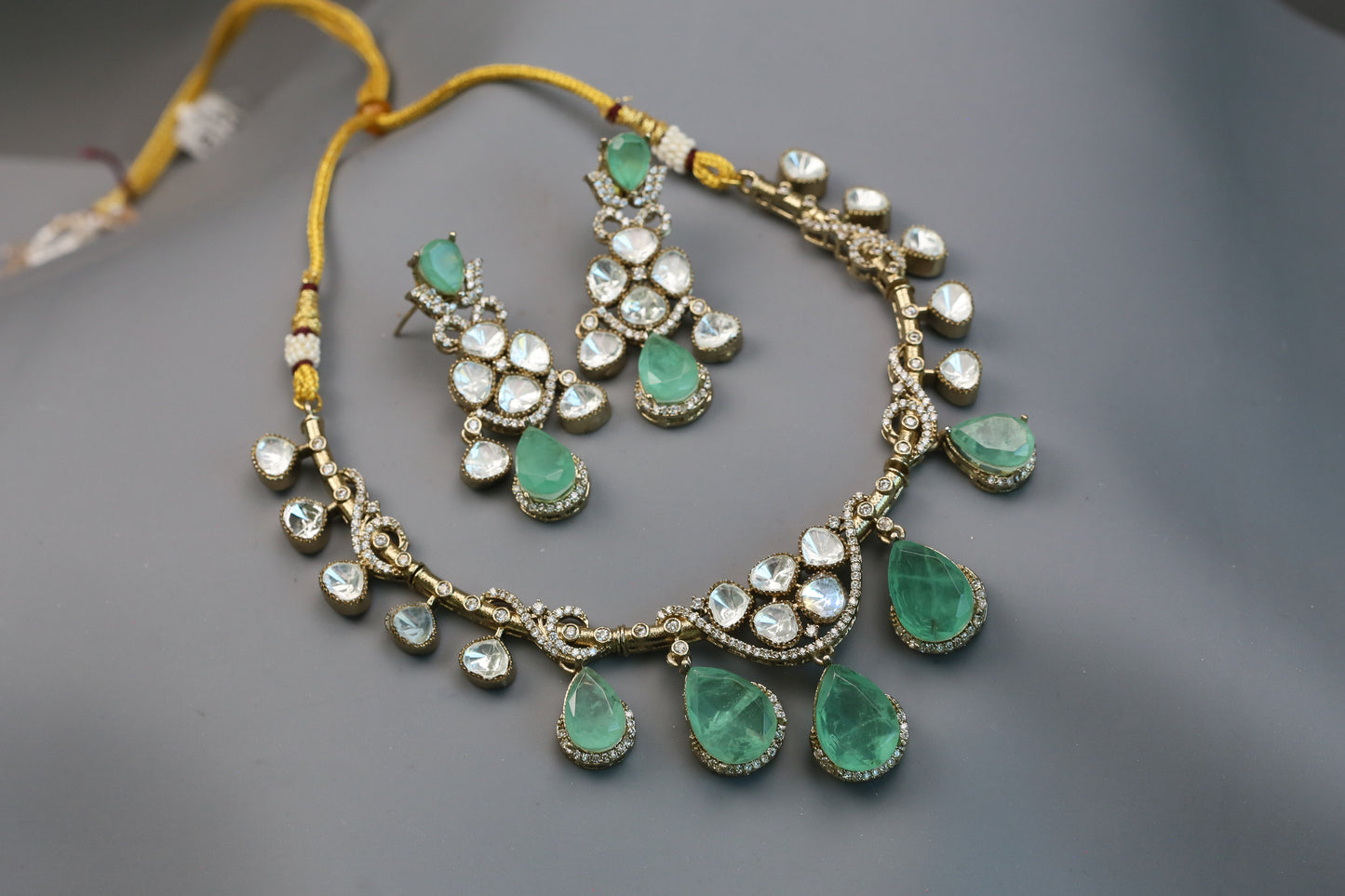 Diya Doublet & Polki Necklace Set - Mint
