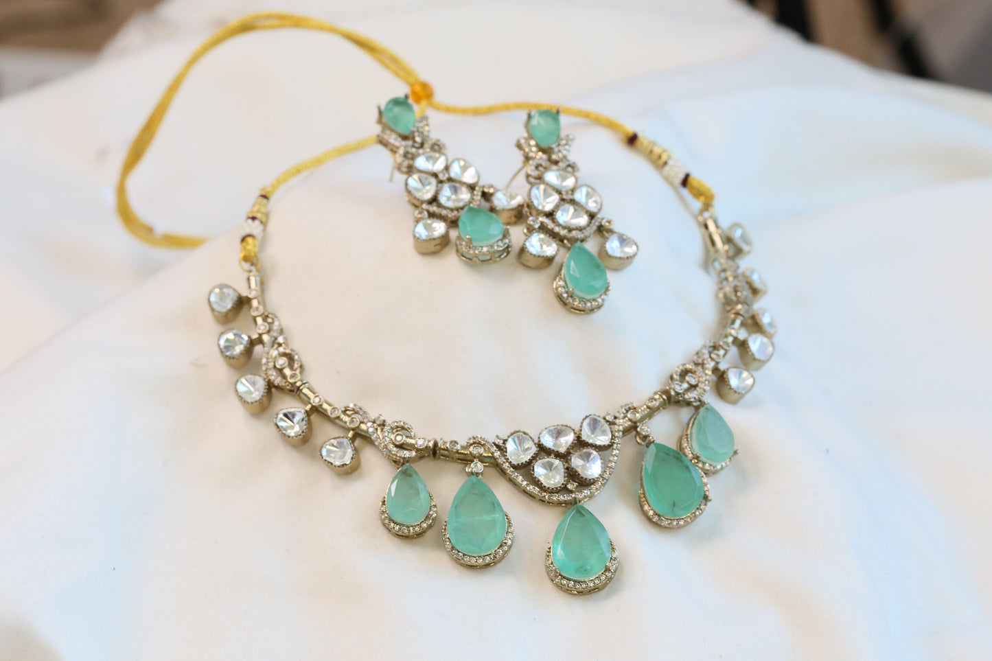 Diya Doublet & Polki Necklace Set - Mint