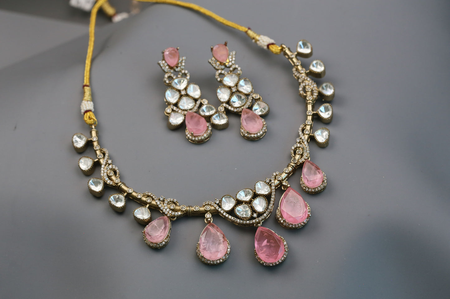 Diya Doublet & Polki Necklace Set - Pink