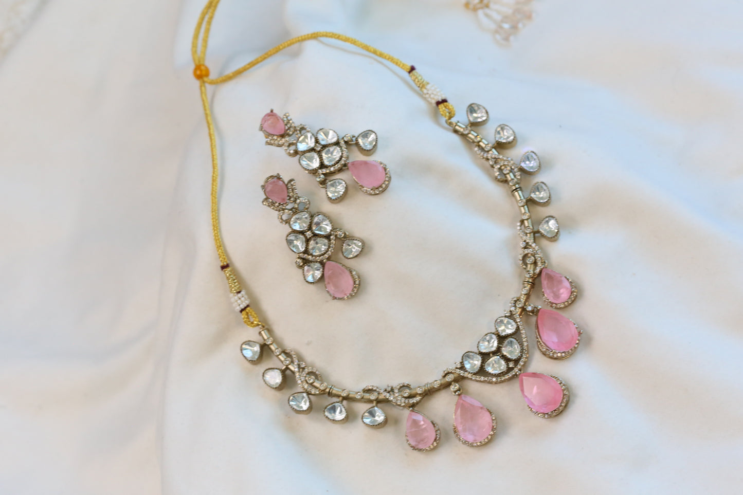 Diya Doublet & Polki Necklace Set - Pink
