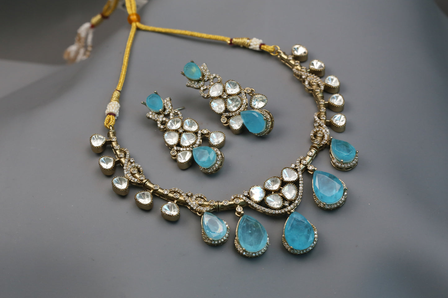 Diya Doublet & Polki Necklace Set - Blue