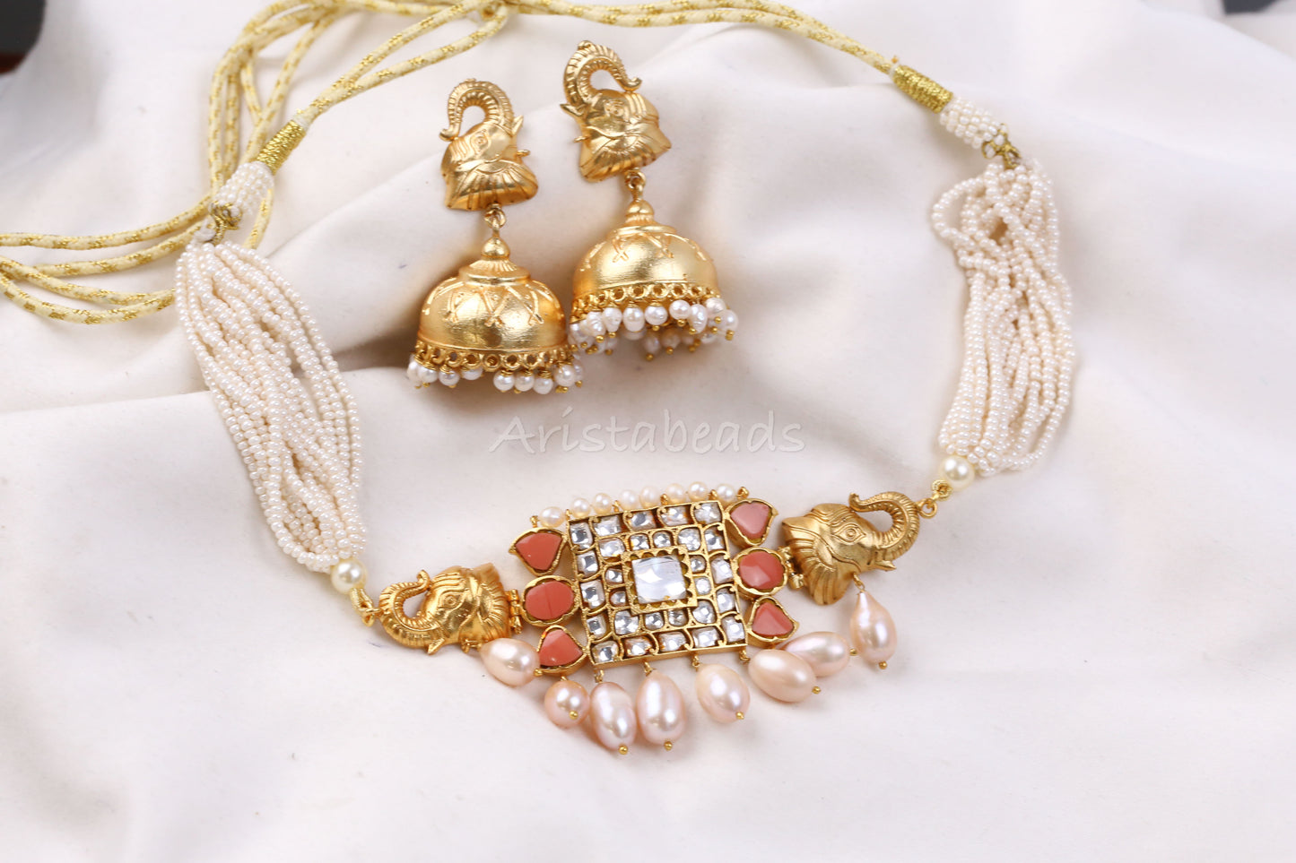 Real Pearls Coral Antique Jadau Necklace Set (104-06)