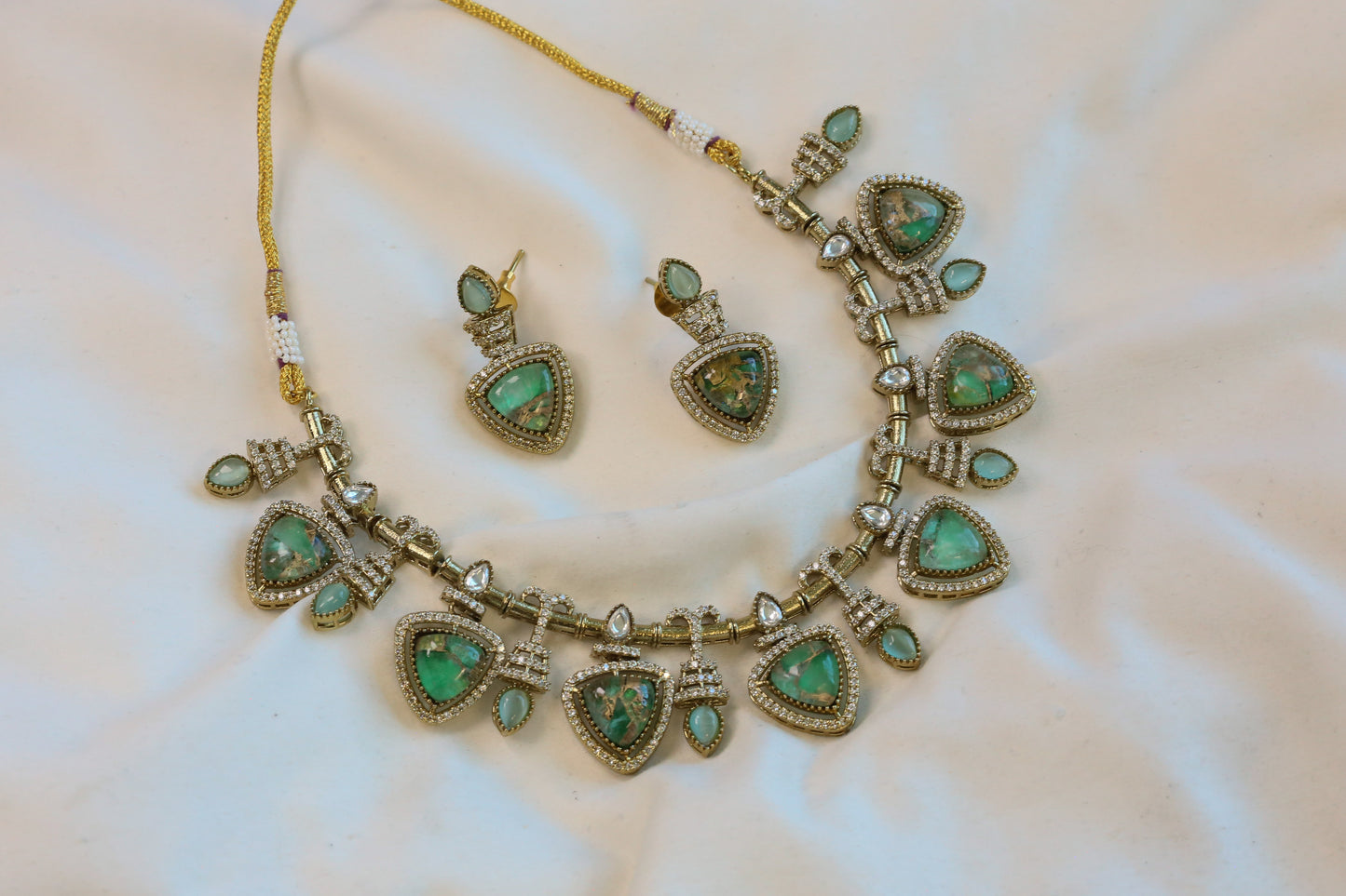 Mosaic Doublet & Polki Necklace Set - Green