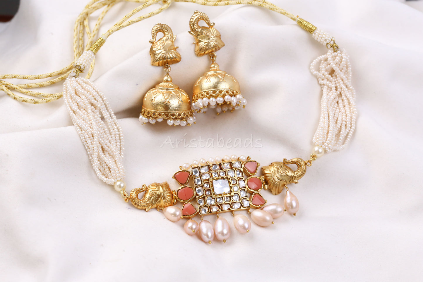 Real Pearls Coral Antique Jadau Necklace Set (104-06)