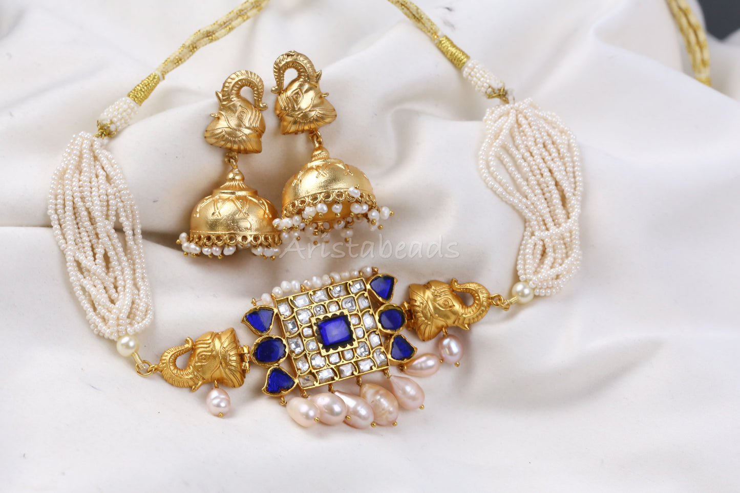 Real Pearls Blue Antique Jadau Necklace Set (104-07)