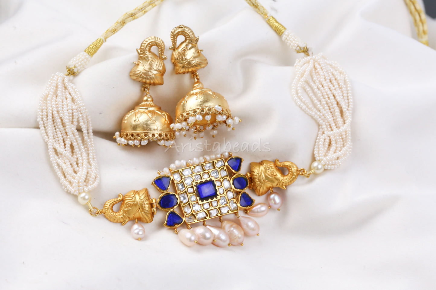 Real Pearls Blue Antique Jadau Necklace Set (104-07)