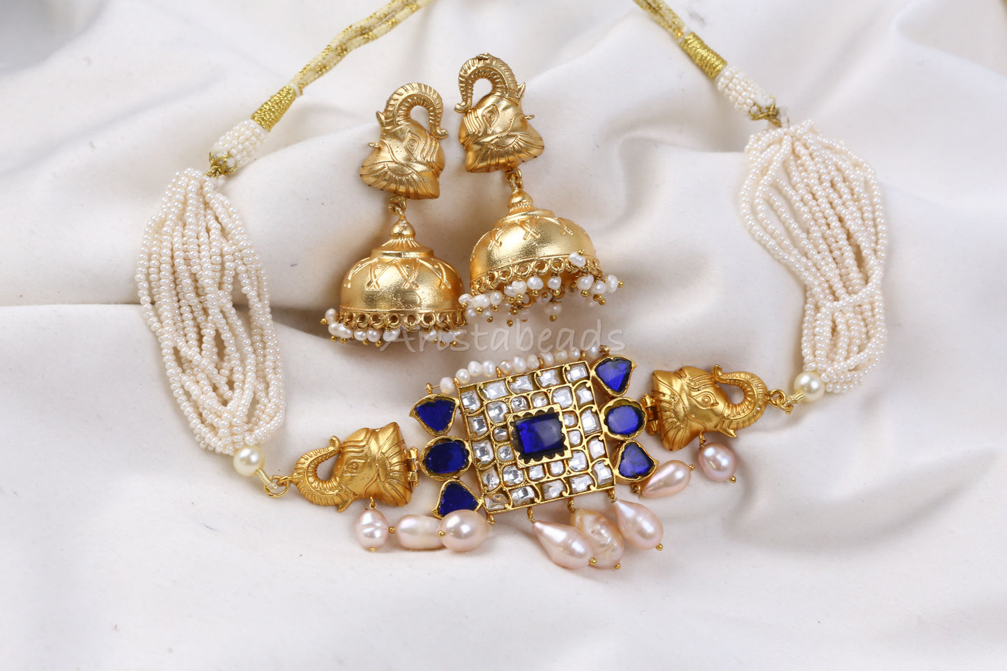 Real Pearls Blue Antique Jadau Necklace Set (104-07)