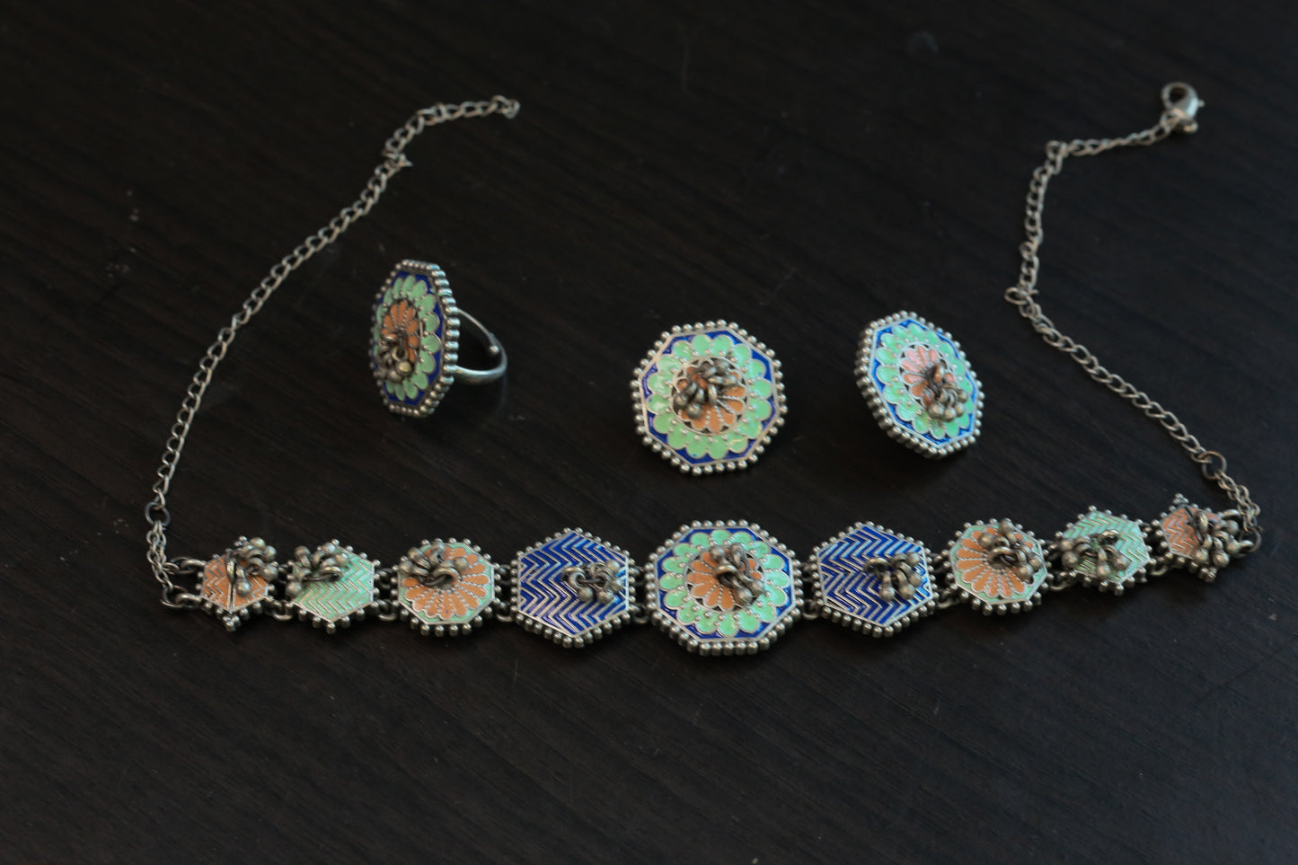 Yashika Silver Look Enamel Necklace Set - Style 2