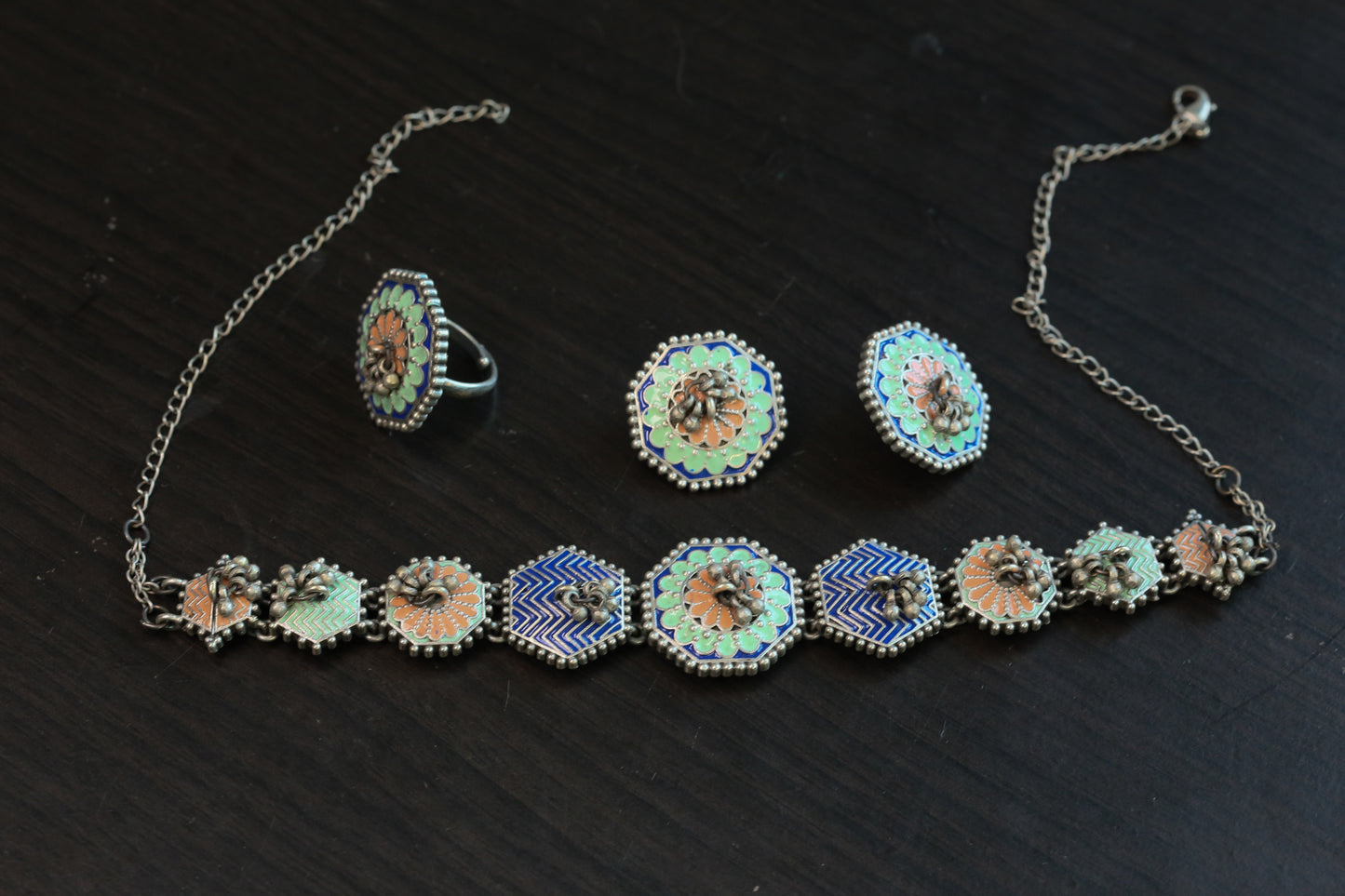Yashika Silver Look Enamel Necklace Set - Style 2