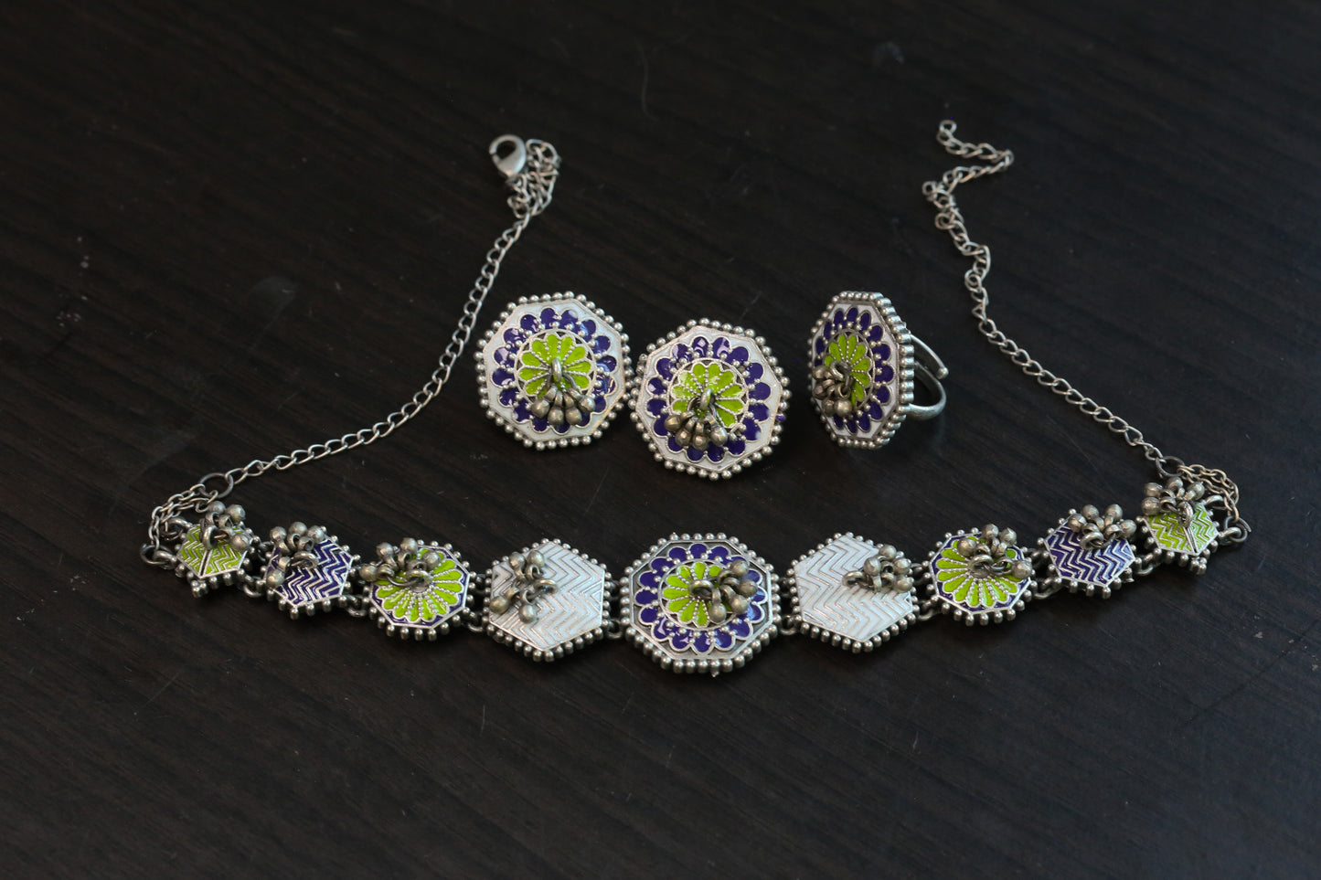 Yashika Silver Look Enamel Necklace Set - Style 3