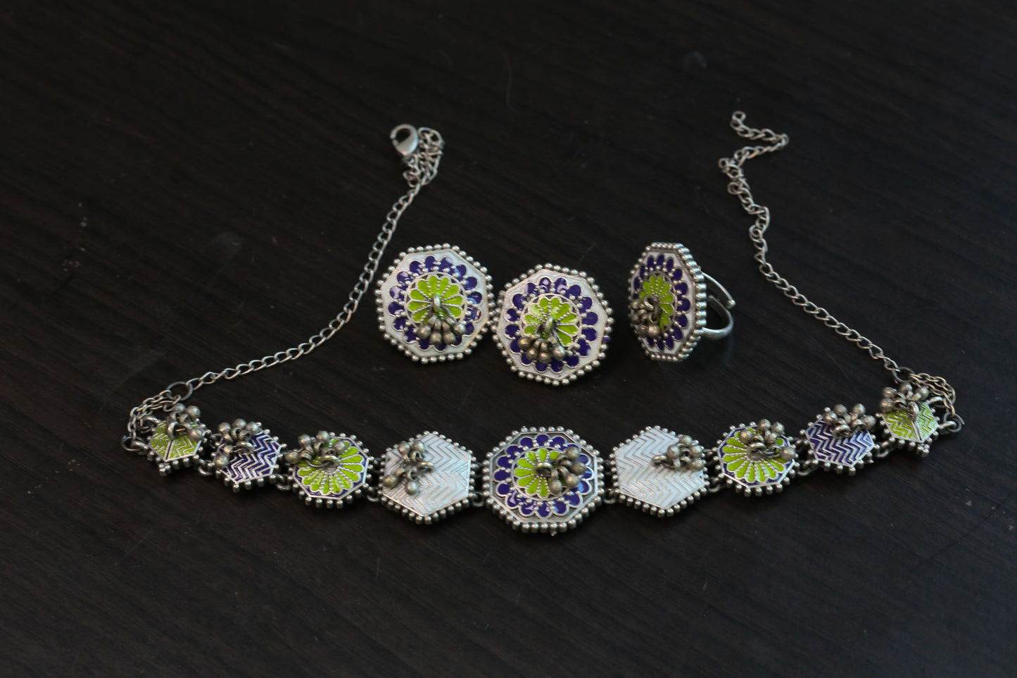 Yashika Silver Look Enamel Necklace Set - Style 3