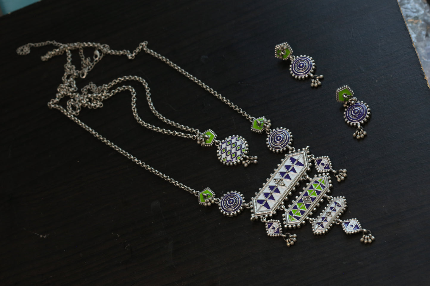 Long Tisha Silver Look Enamel Necklace Set - Style 1