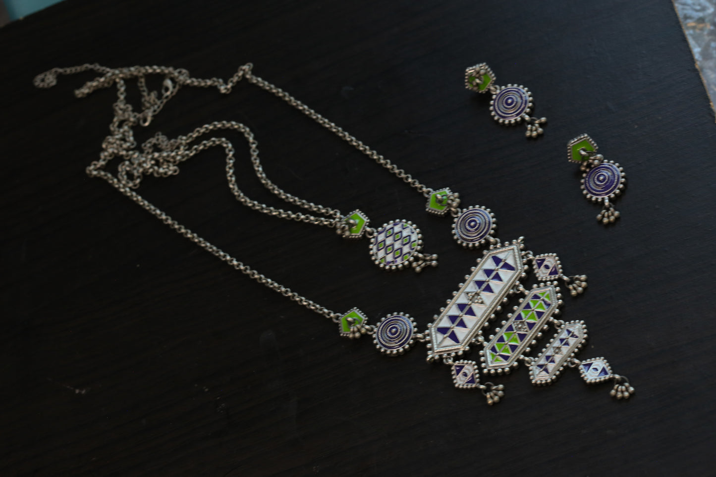 Long Tisha Silver Look Enamel Necklace Set - Style 1