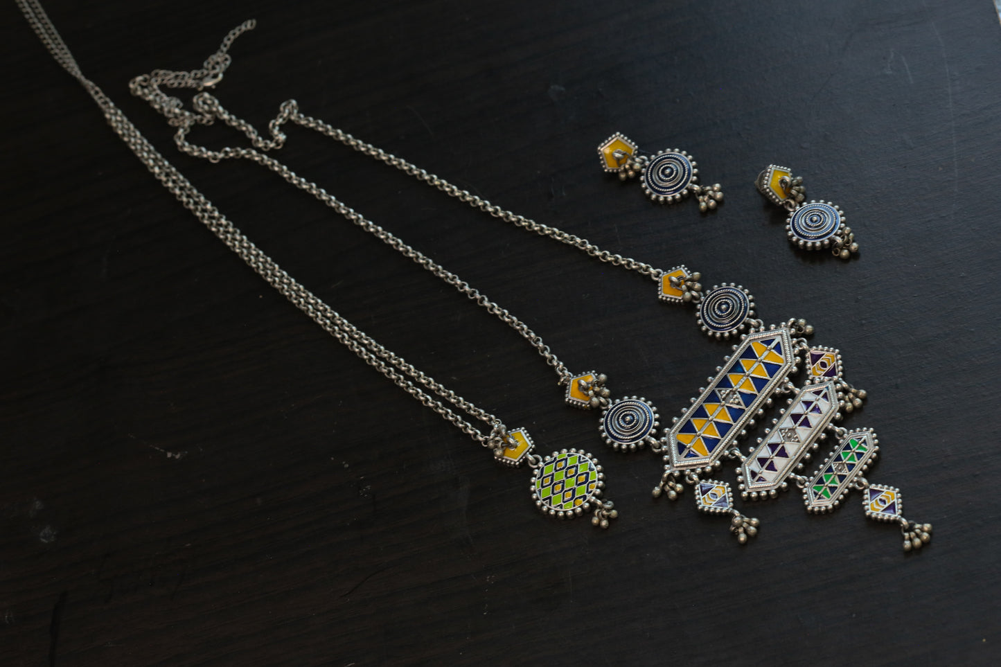 Long Tisha Silver Look Enamel Necklace Set - Style 2