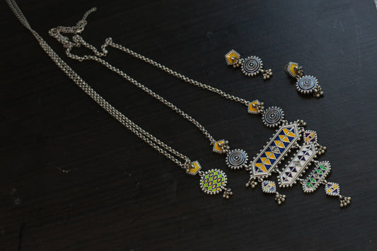 Long Tisha Silver Look Enamel Necklace Set - Style 2