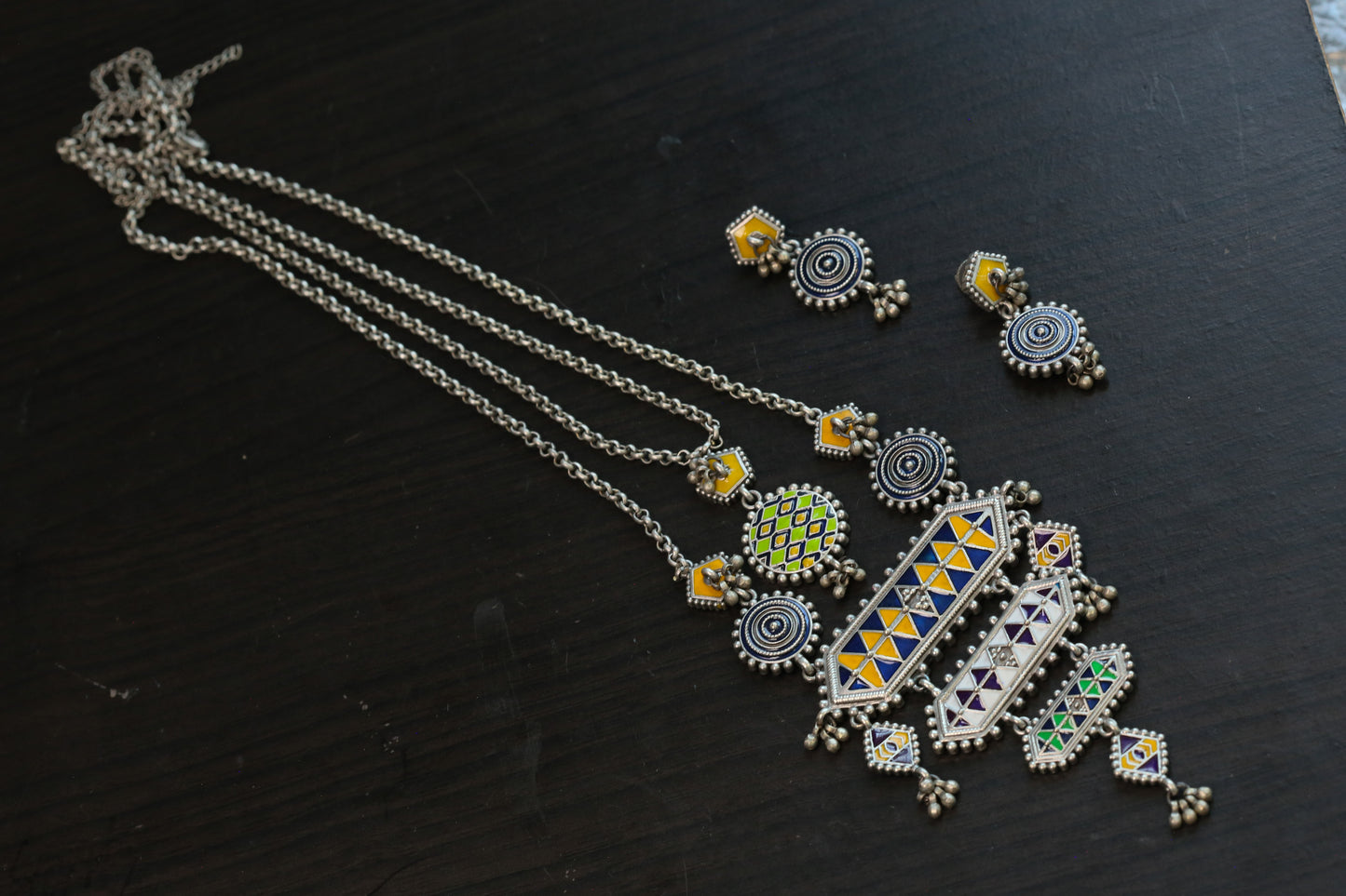 Long Tisha Silver Look Enamel Necklace Set - Style 2