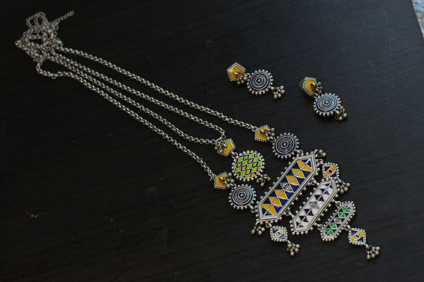 Long Tisha Silver Look Enamel Necklace Set - Style 2